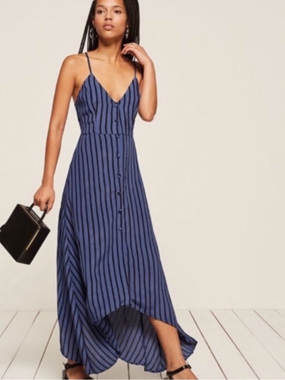 Reformation Navy and Black Striped Slip Dress